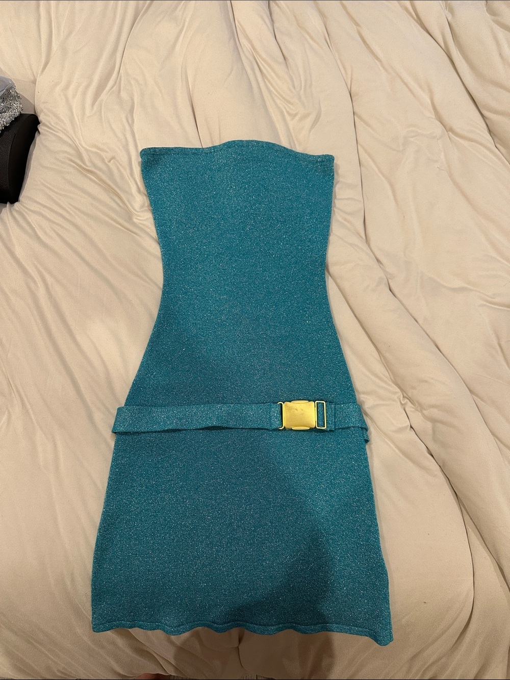 Asta resort Strapless Teal Sparkle Mini Dress with Belt